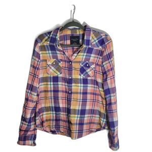 American Eagle Flannel Pearl Snap Plaid Pastel Button Down